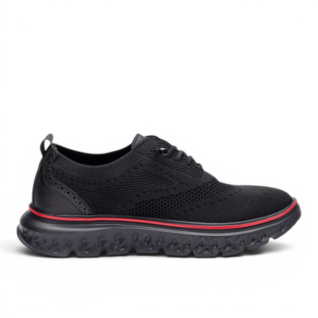 ShoeShop black knit oxford shoes with red trim and lug sole. Wingtip detailing on heel.