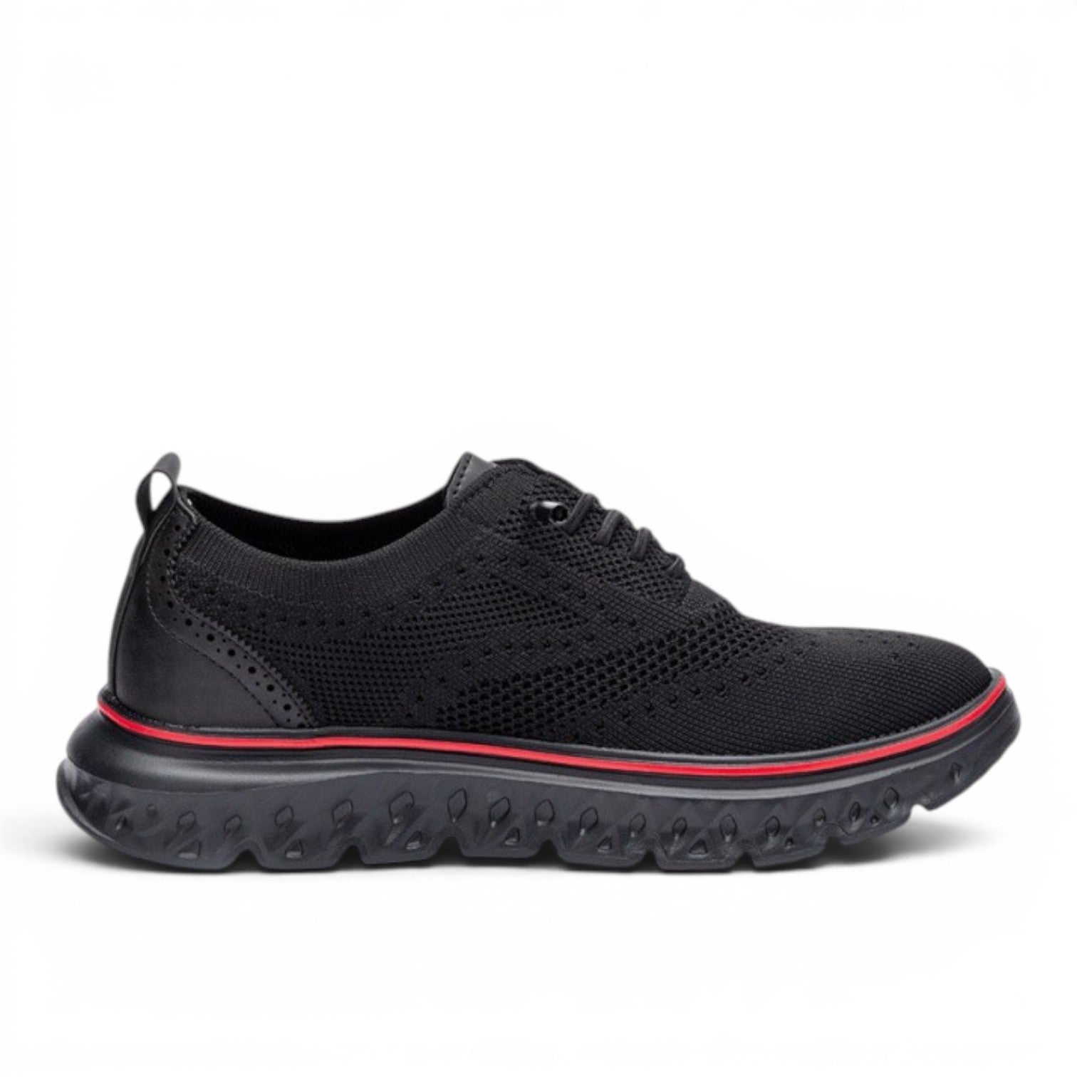 ShoeShop black knit oxford shoes with red trim and lug sole. Wingtip detailing on heel.