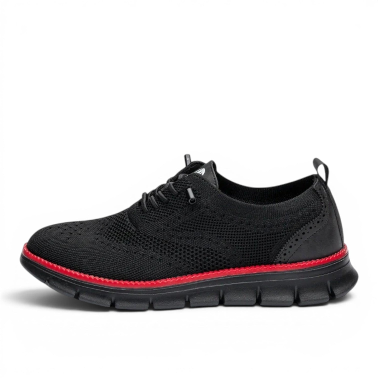 ShoeShop black knit oxford shoes with red trim and brogue detailing. Comfortable, breathable, and flexible.