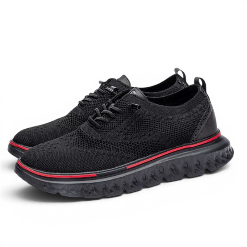ShoeShop black knit sneakers with red trim and textured sole. Lace-up closure.