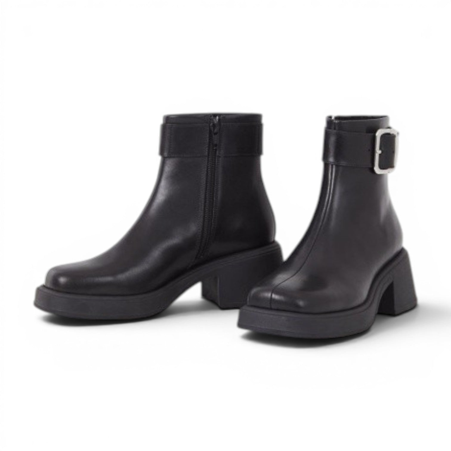 ShoeShop black leather ankle boots with side zip, buckle detail, and chunky platform sole.