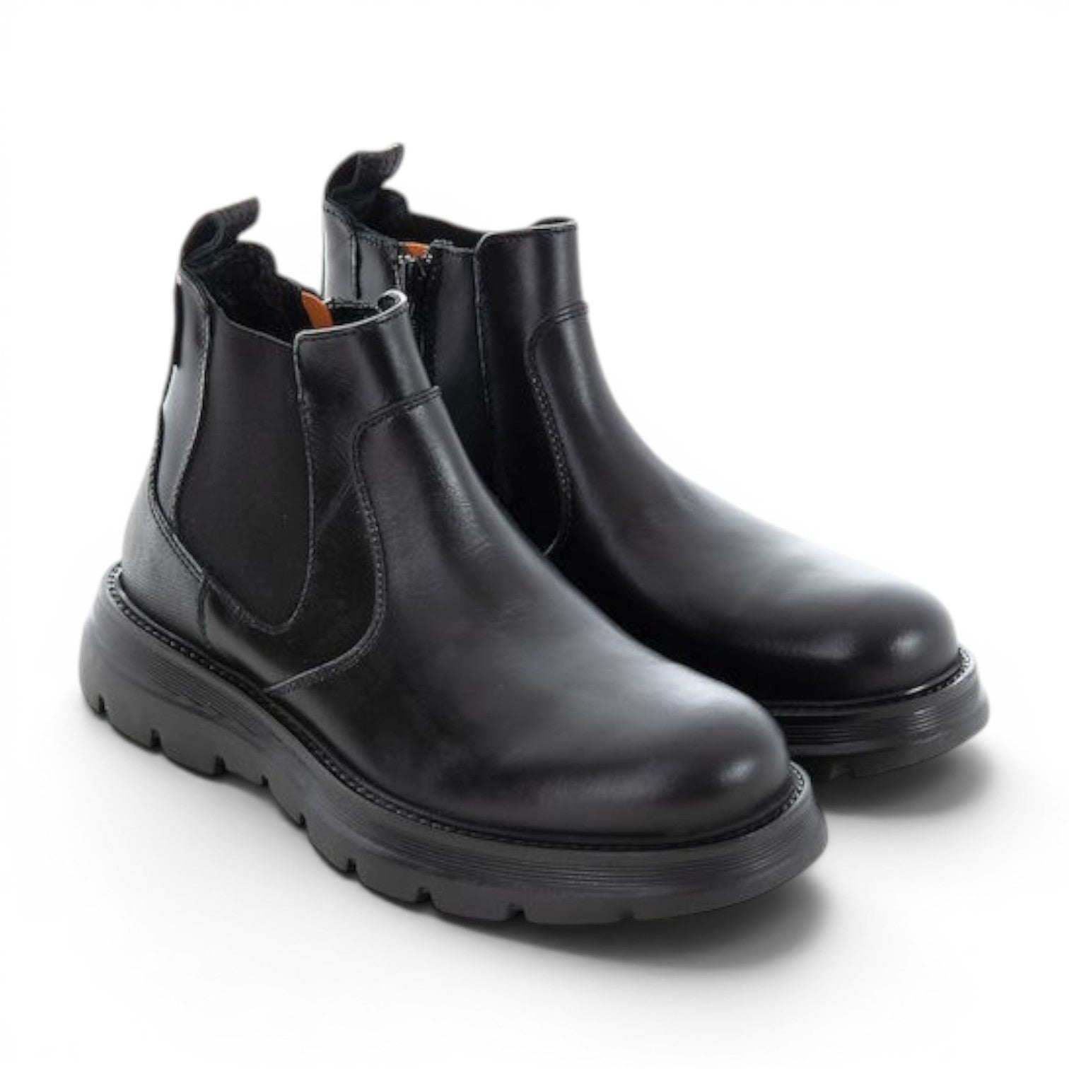 ShoeShop black leather Chelsea boots with elastic side panels and a chunky lug sole.