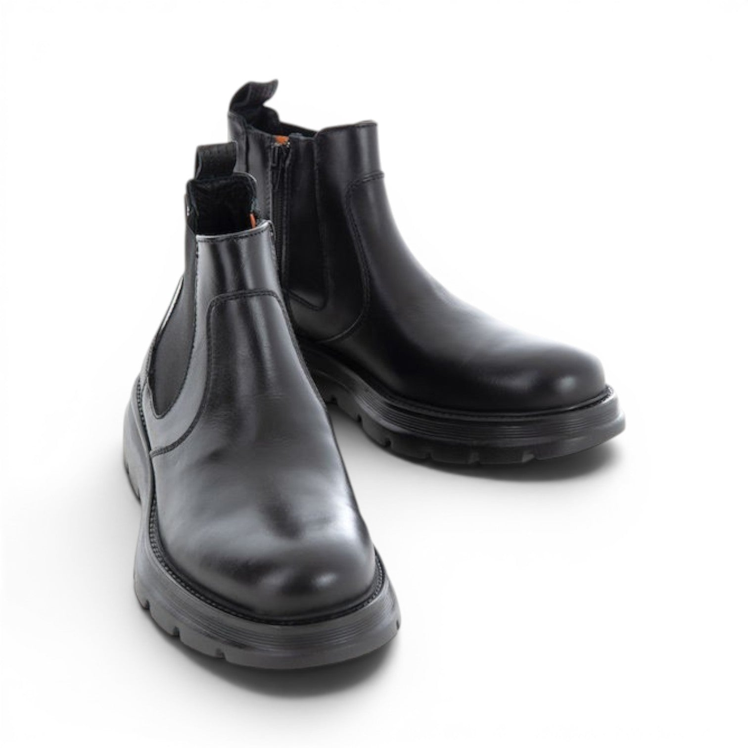 ShoeShop black leather Chelsea boots with elastic side panels and a chunky sole.
