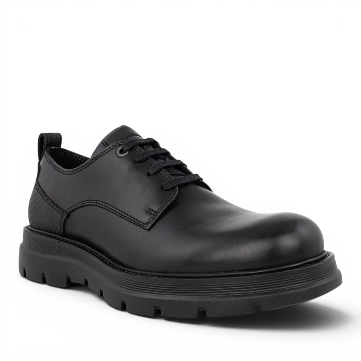 ShoeShop black leather derby shoes with a thick lug sole and lace-up closure.