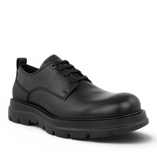 ShoeShop black leather derby shoes with a thick lug sole and lace-up closure.