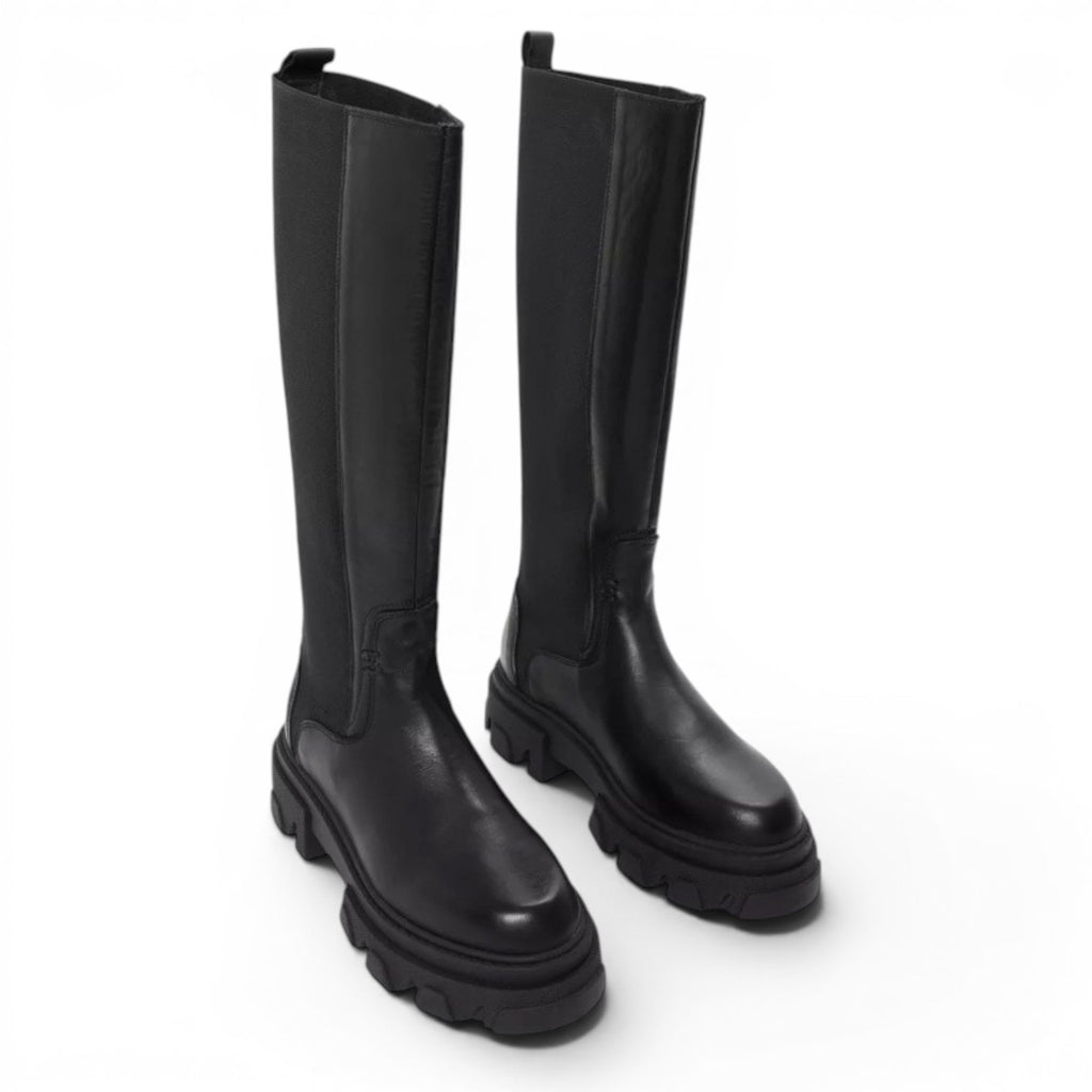 ShoeShop black leather knee-high boots with elasticated side panels and chunky lug sole.