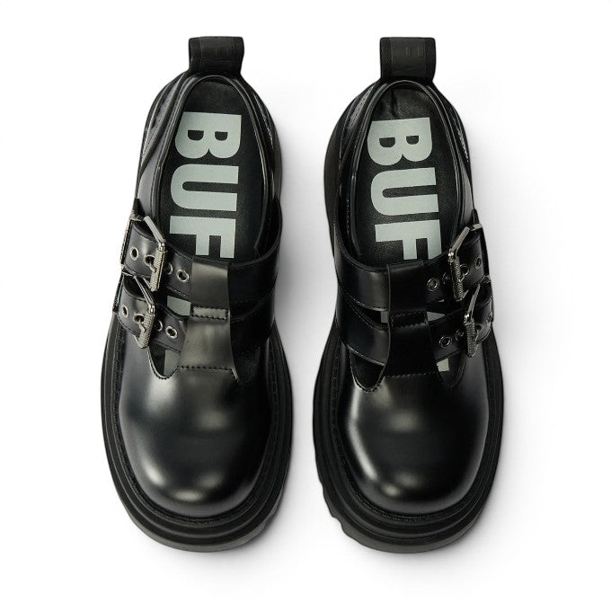 ShoeShop black leather Mary Jane shoes with double buckle straps and chunky platform sole.