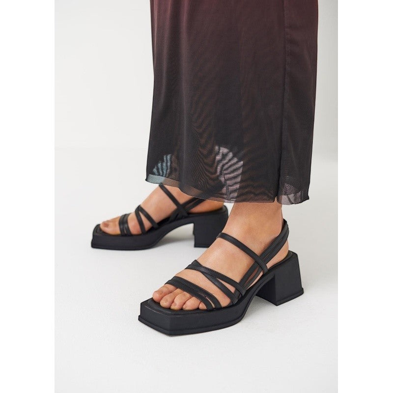 ShoeShop black leather platform sandals with thin straps and a square toe, 67mm block heel.
