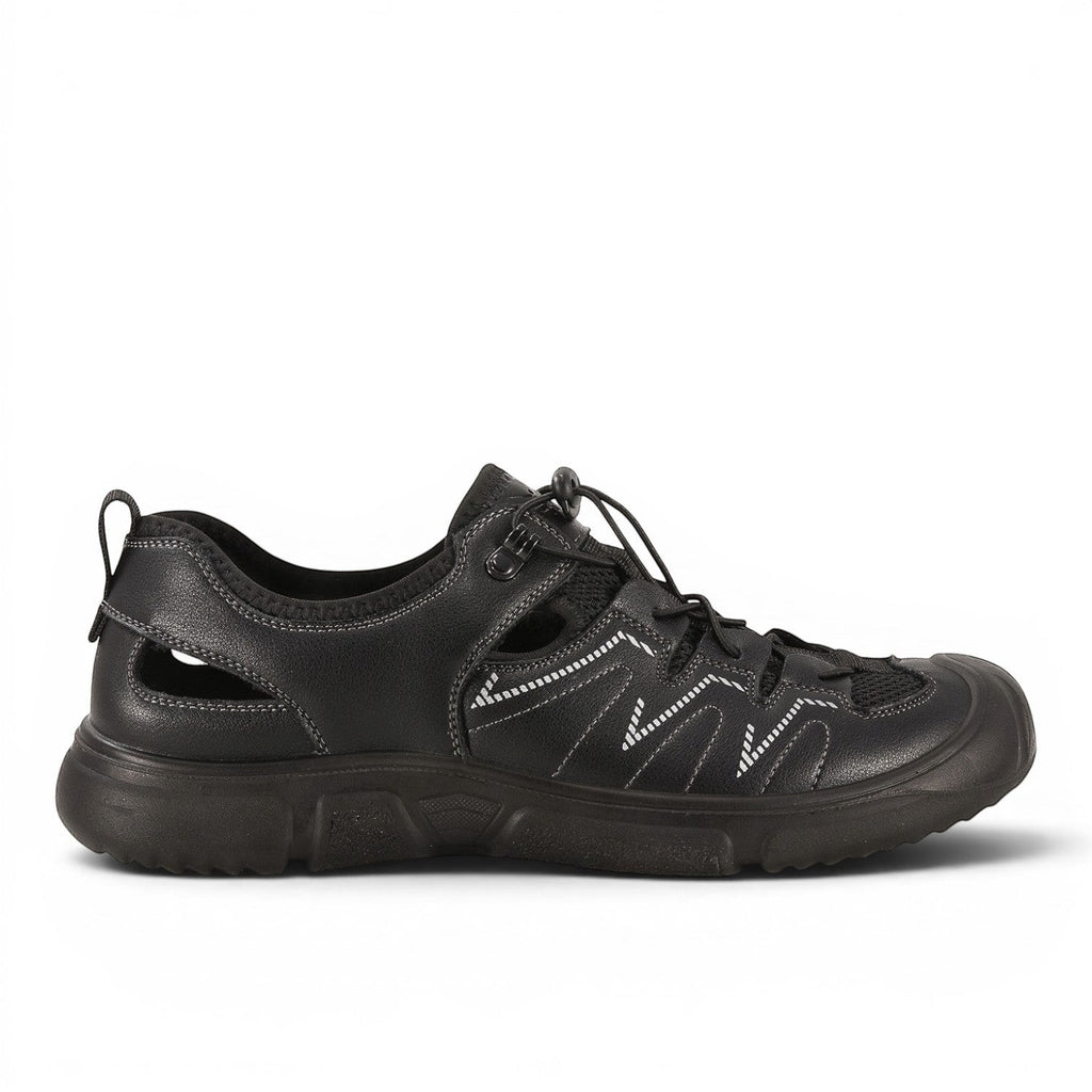 ShoeShop black leather sandals with cut-out sides and bungee laces. Model W2503.