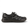 ShoeShop black leather sandals with cut-out sides and bungee laces. Model W2503.