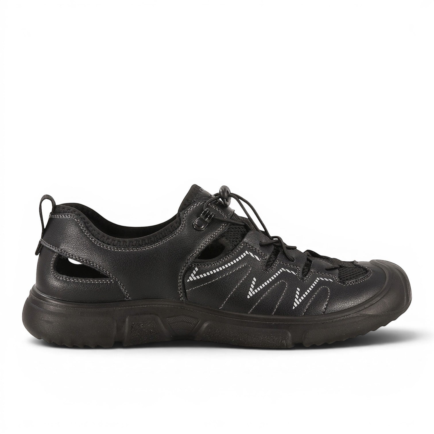 ShoeShop black leather sandals with cut-out sides and bungee laces. Model W2503.
