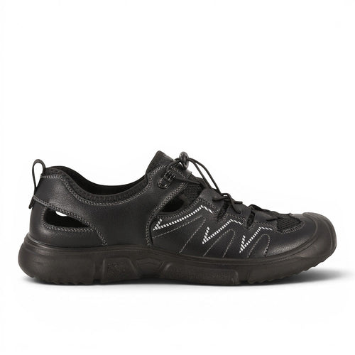 ShoeShop black leather sandals with cut-out sides and bungee laces. Model W2503.