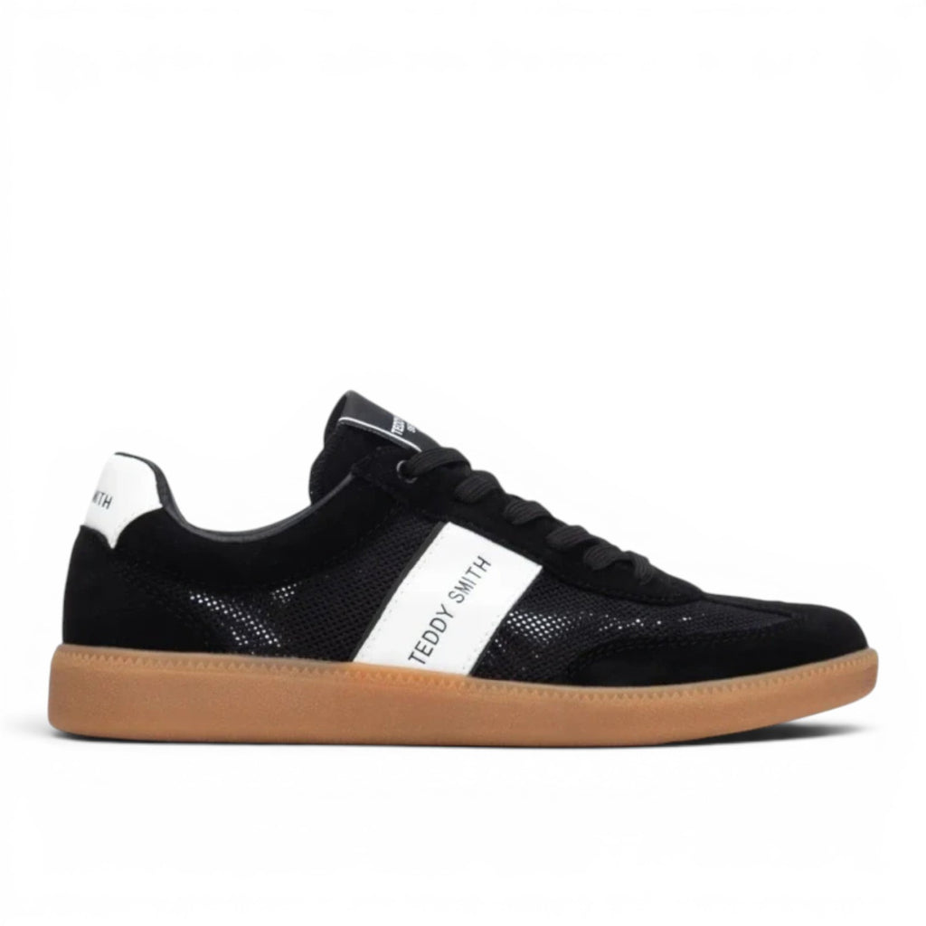 ShoeShop black leather and textile sneakers with white stripe and Teddy Smith logo, gum sole.