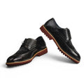 ShoeShop black leather and suede wingtip dress shoes with red rubber sole and memory foam insole.