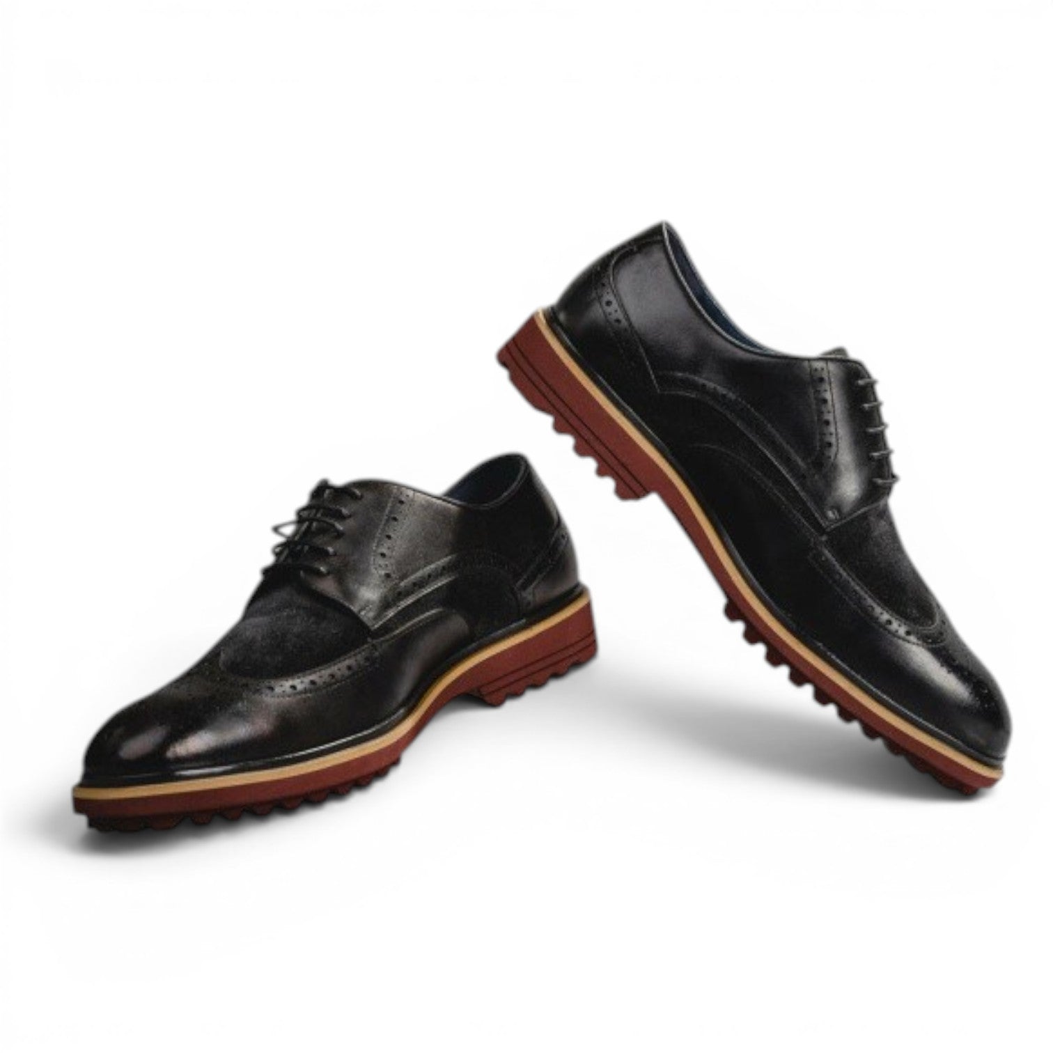 ShoeShop black leather and suede wingtip dress shoes with red rubber sole and memory foam insole.