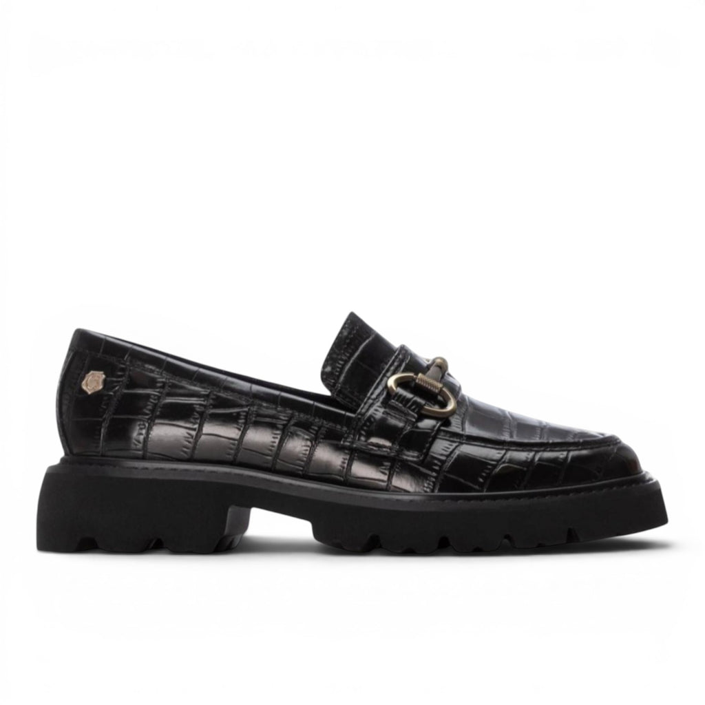 ShoeShop black synthetic croc-embossed loafer with gold buckle detail and chunky sole.