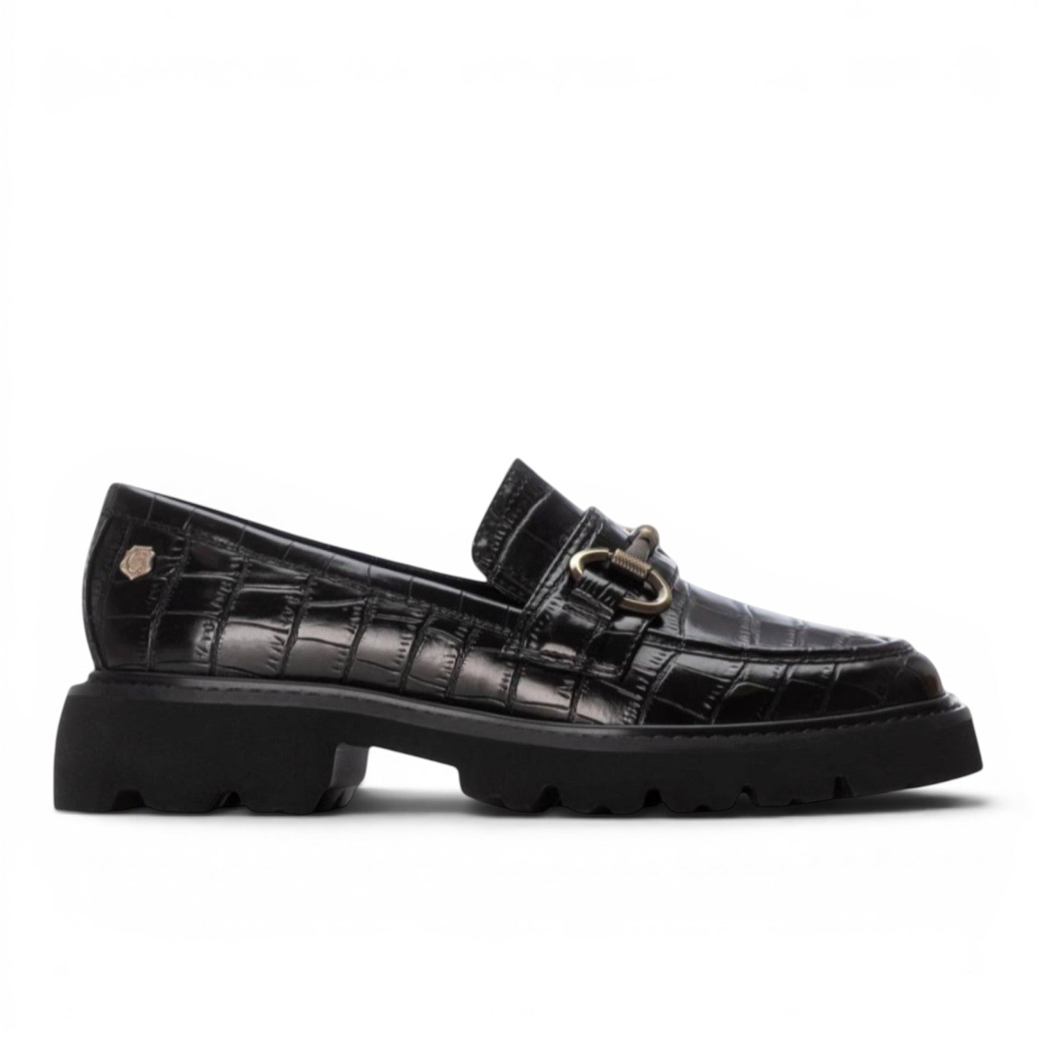 ShoeShop black synthetic croc-embossed loafer with gold buckle detail and chunky sole.