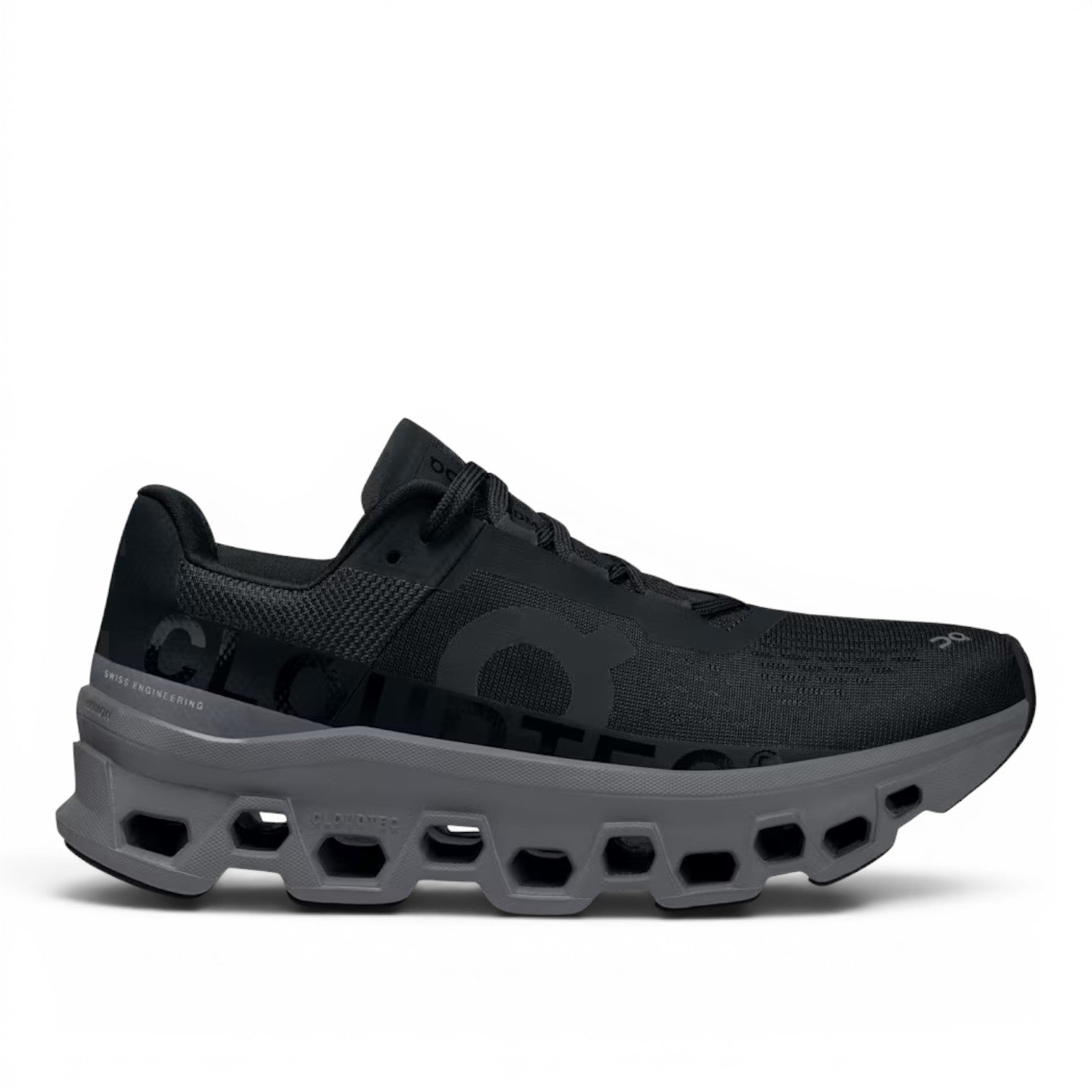 ShoeShop black ON Cloud Cloudmonster running shoes with grey sole and large "CLOUD" text on side.