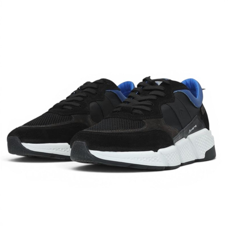 ShoeShop black suede and mesh sneakers with blue lining and white soles. Ambitious 10339A.