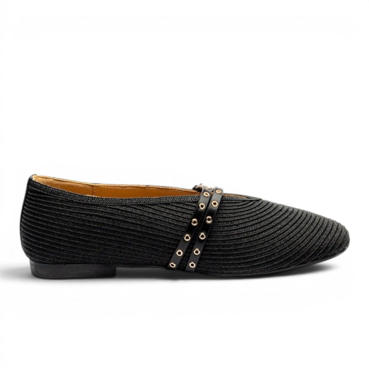 ShoeShop black textile ballet flats with leather straps and gold eyelets. Pointed toe.
