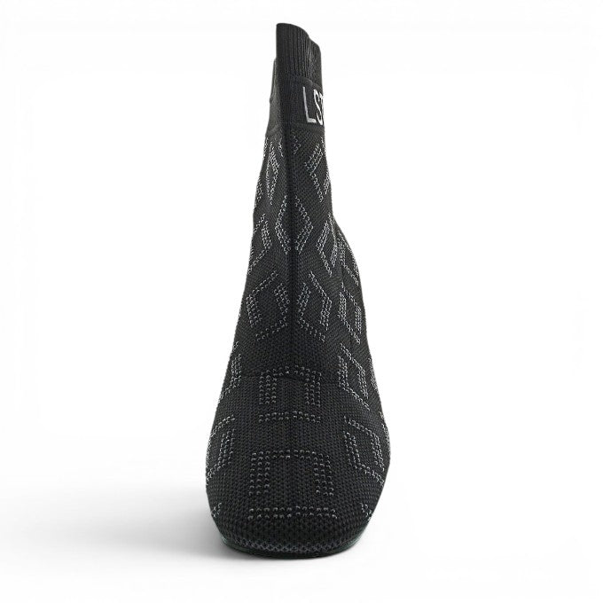 ShoeShop black textile sock boots with diamond pattern and 6cm heel. Features "LST" logo.