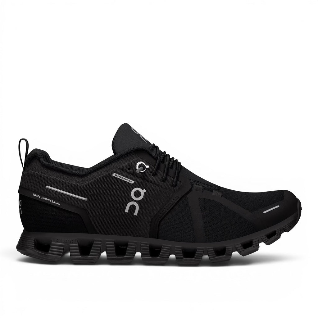 ShoeShop black waterproof ON Cloud 5 running shoe with white logo and "WATERPROOF" text.