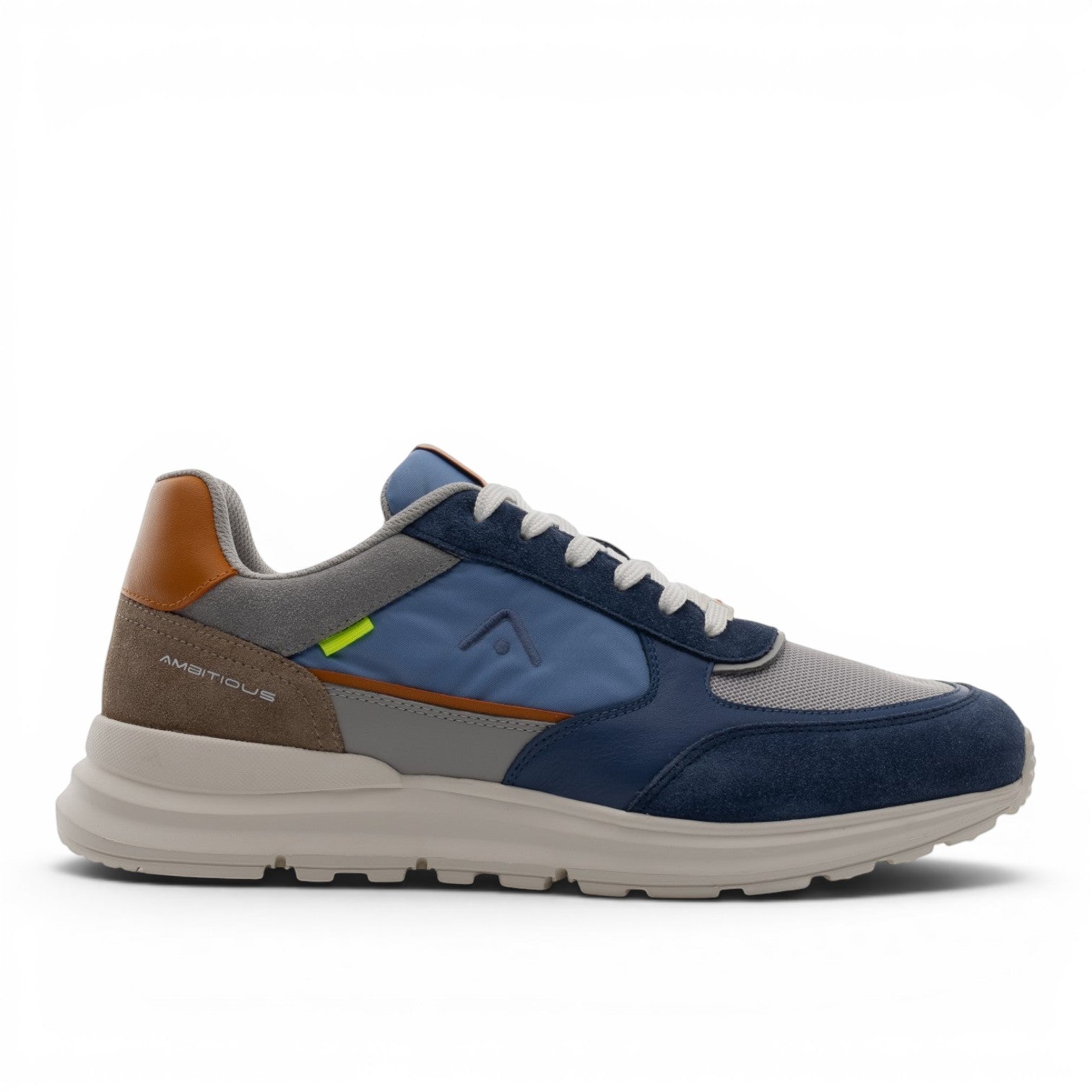 ShoeShop men's blue and grey leather and textile sneakers with EVA sole and brown accents.