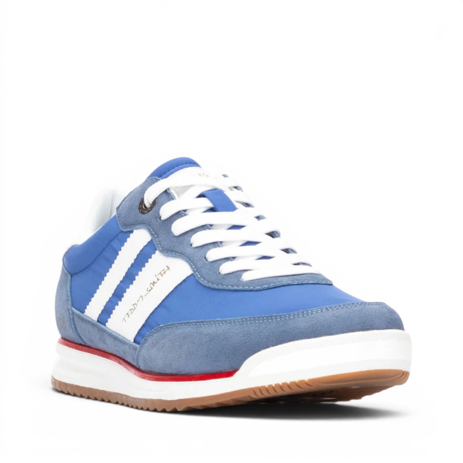 ShoeShop blue and grey suede and nylon sneakers with white laces and white stripes on the side.