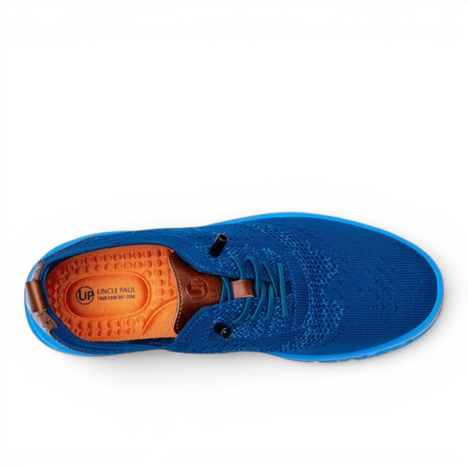 ShoeShop blue knit sneakers with orange insole and brown accents. Lace-up closure.