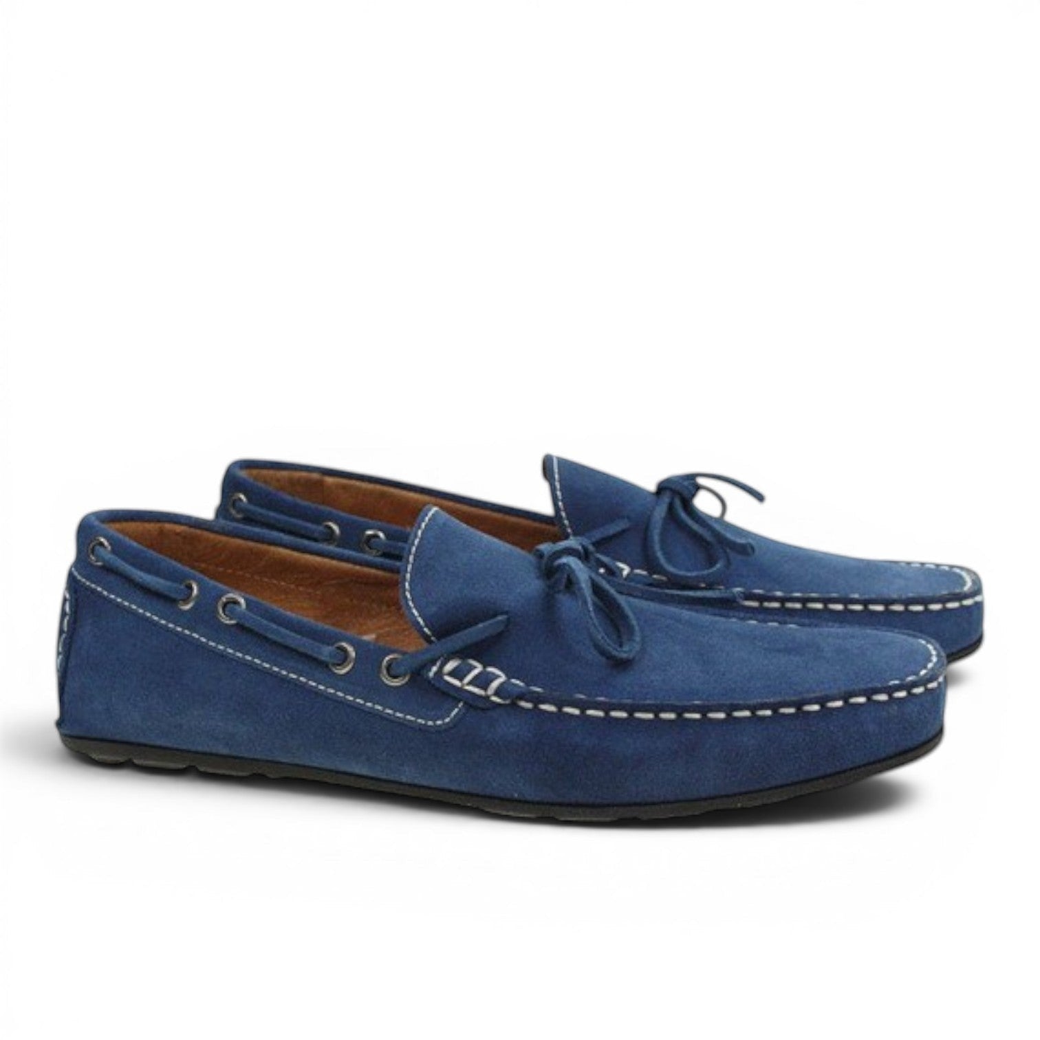 ShoeShop blue suede leather moccasin driving shoes with white stitching and tie detail.