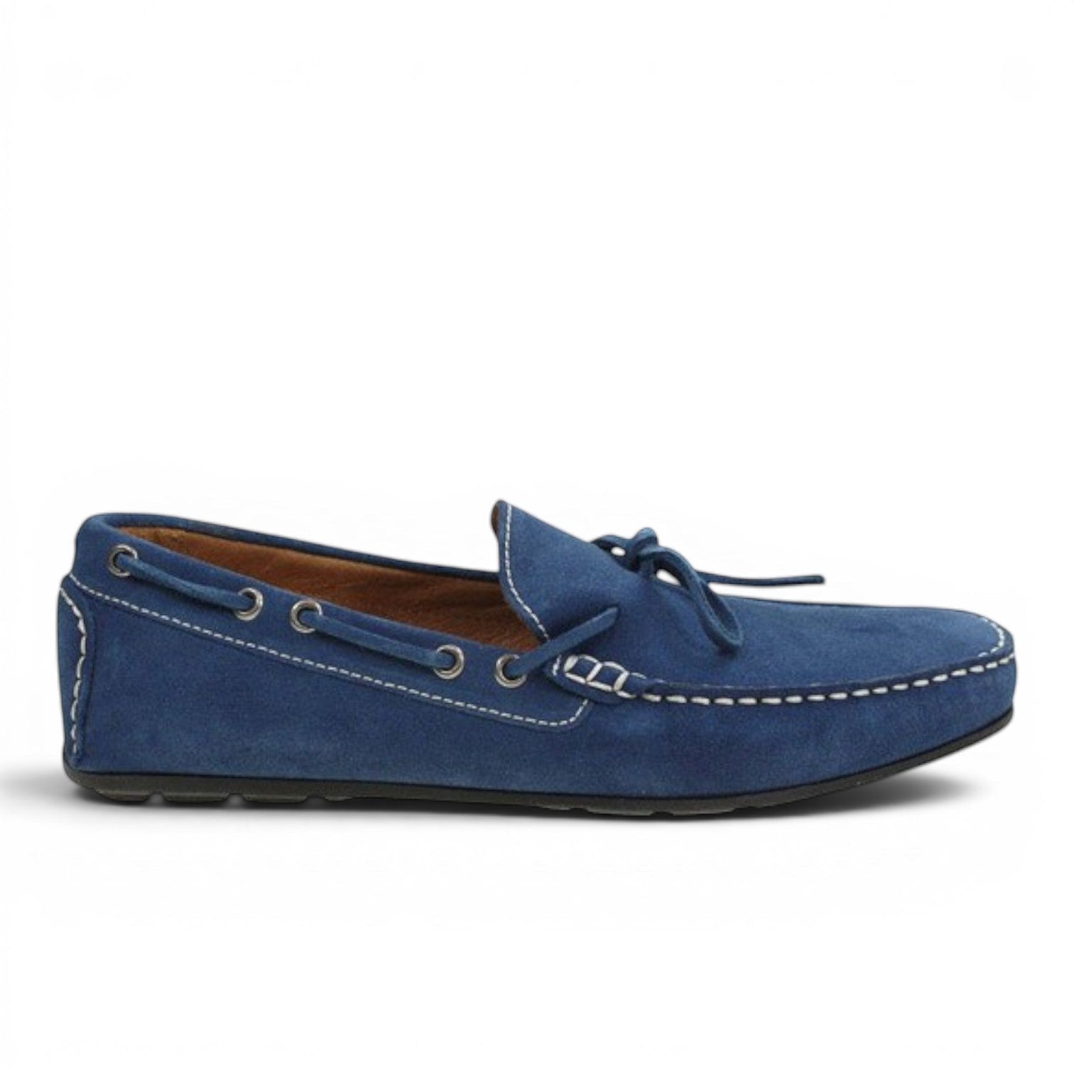 ShoeShop blue suede leather driving moccasins with white contrast stitching and tie detail.