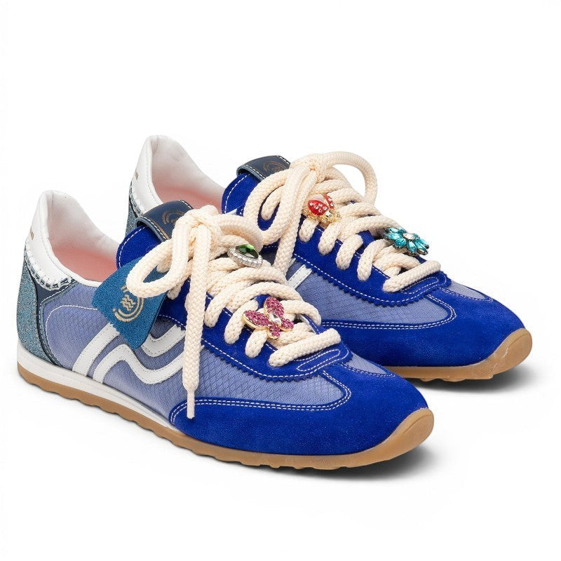 ShoeShop blue suede and mesh women's sneakers with cream laces and jeweled charms like a ladybug and butterfly.