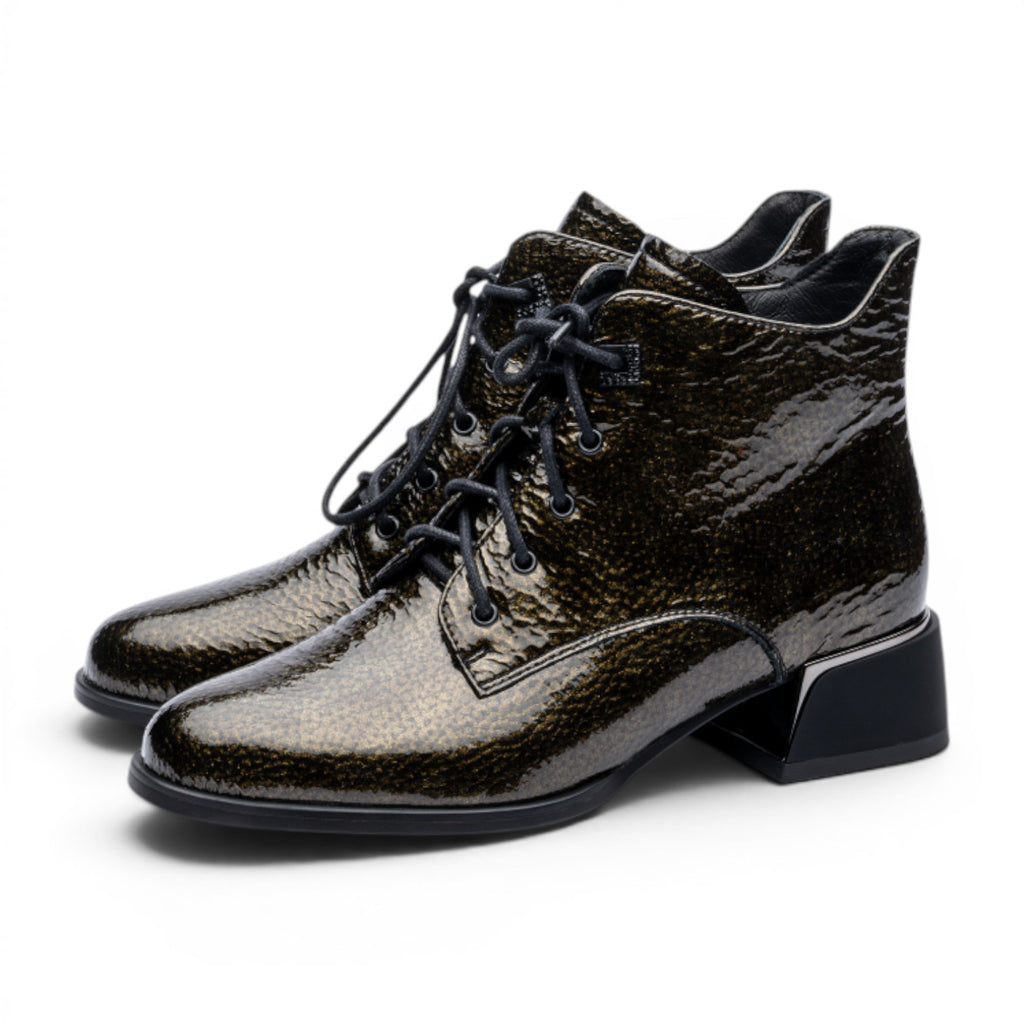 ShoeShop CLAUDIA women's ankle boots in textured olive patent leather with block heel and lace-up closure.