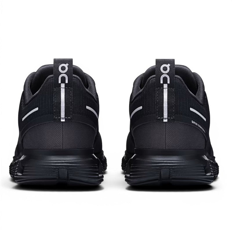 ShoeShop black waterproof running shoes with white accents and reflective details. Features a pull tab with ON branding.