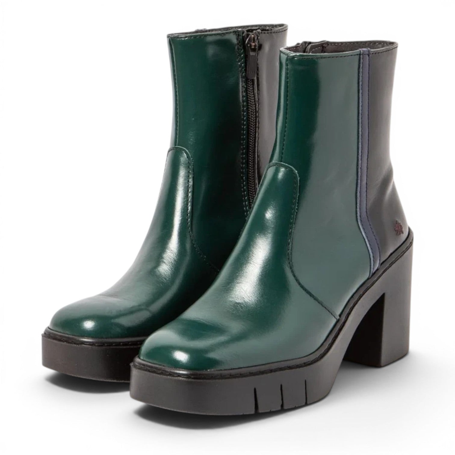 ShoeShop dark green leather ankle boots with a 9cm block heel and side zipper.