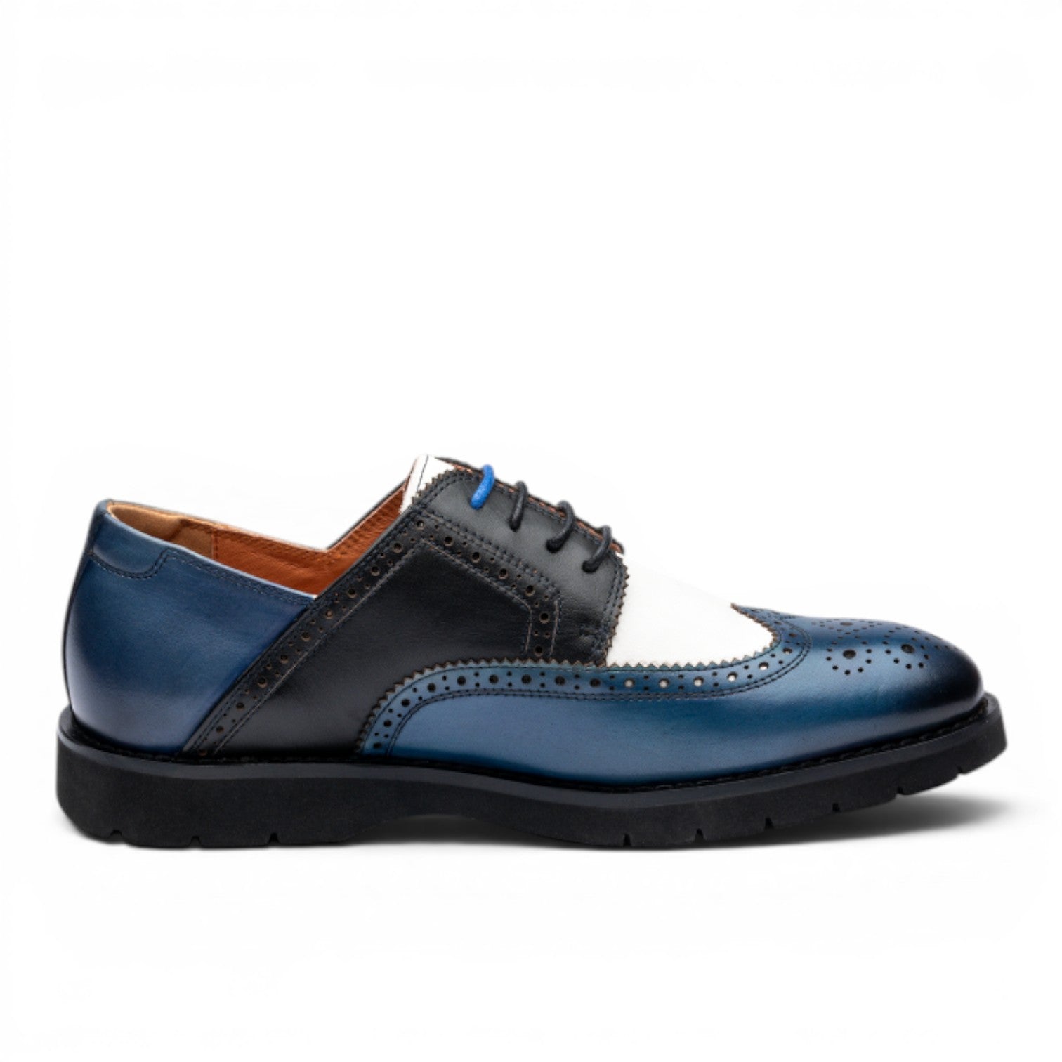 ShoeShop Erika blue, black, and white leather wingtip brogues with perforated details and blue laces.