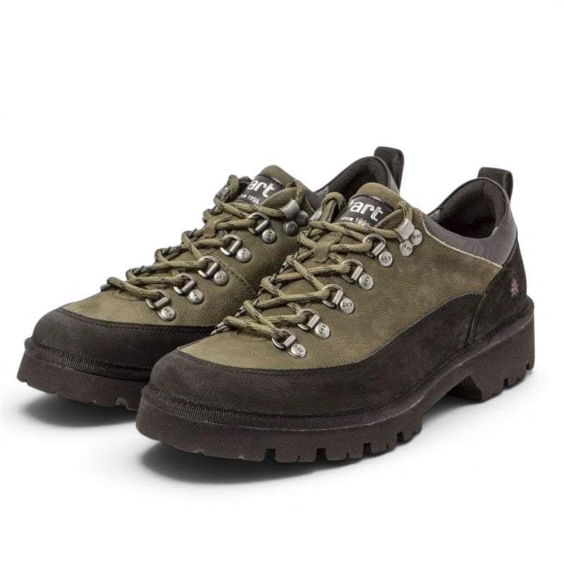 ShoeShop green and black suede hiking boots with lace-up closure and thick lug sole.