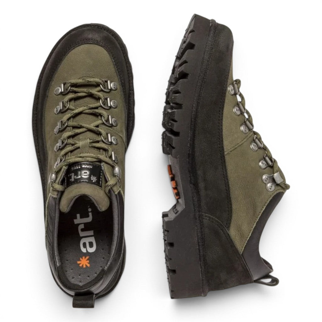 ShoeShop green leather and suede hiking boots with black lug sole and laces.