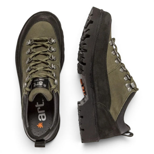 ShoeShop green leather and suede hiking boots with black lug sole and laces.