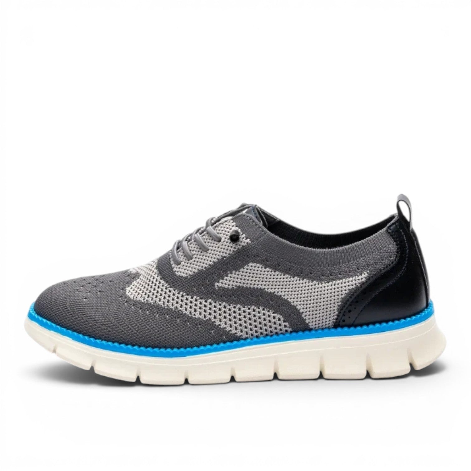 ShoeShop grey knit Juhan wingtip sneakers with blue trim and black heel accent. Breathable and flexible.