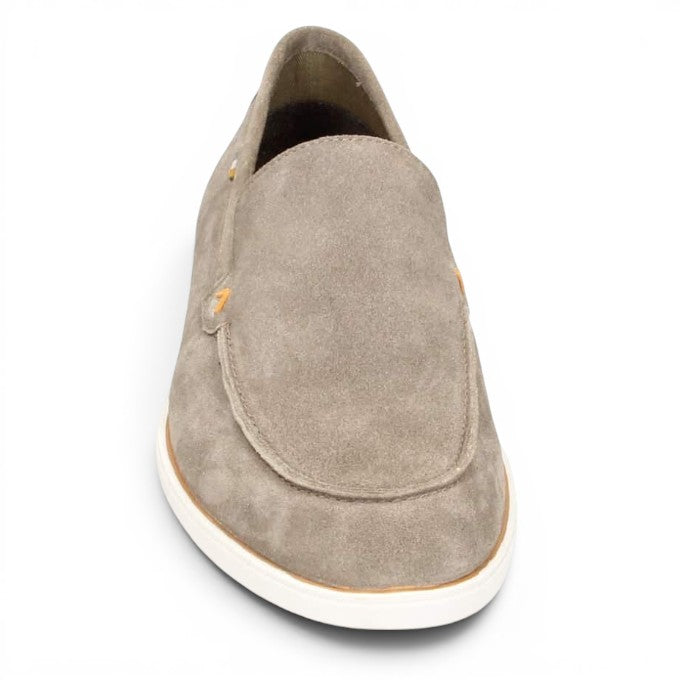 ShoeShop grey suede slip-on loafers with white sole and orange accent stitching.