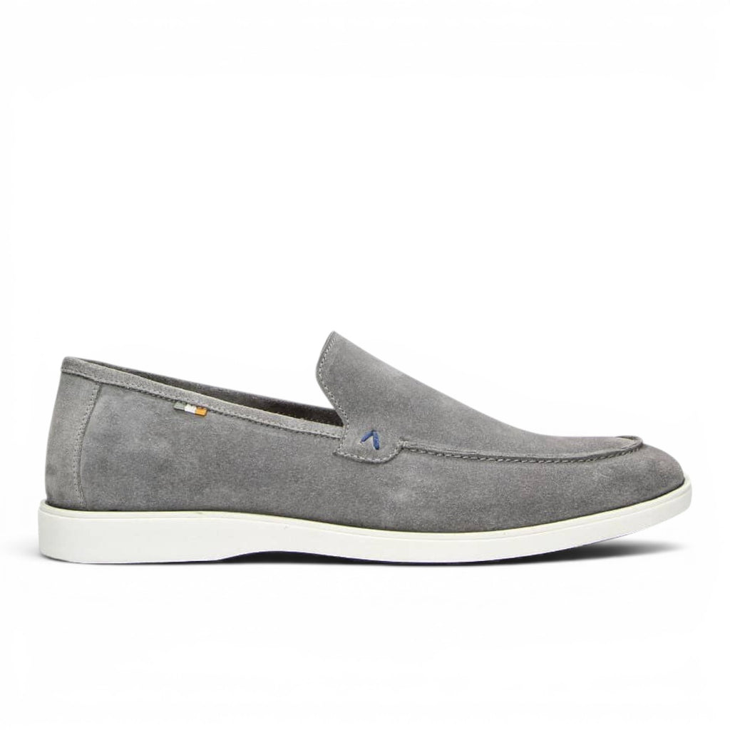 ShoeShop grey suede leather loafer with white sole and blue stitching detail.