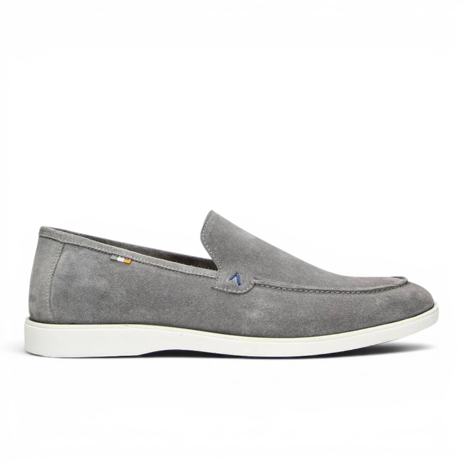ShoeShop grey suede leather loafer with white sole and blue stitching detail.