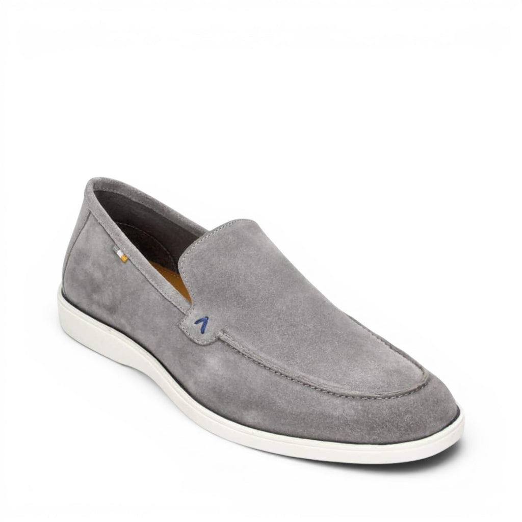 ShoeShop grey suede slip-on loafers with white soles and blue accent detail.