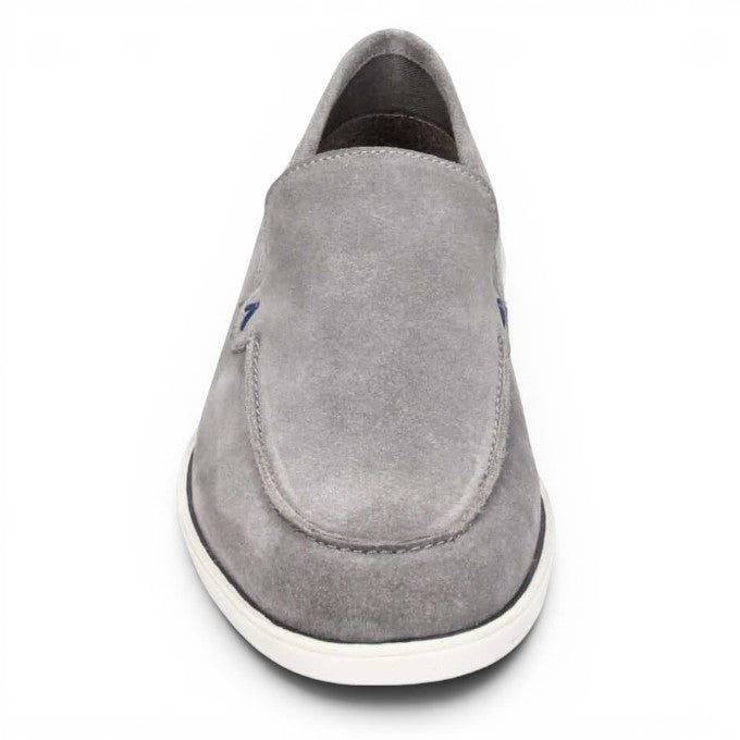 ShoeShop grey suede slip-on loafers with blue accent detail. Real leather.