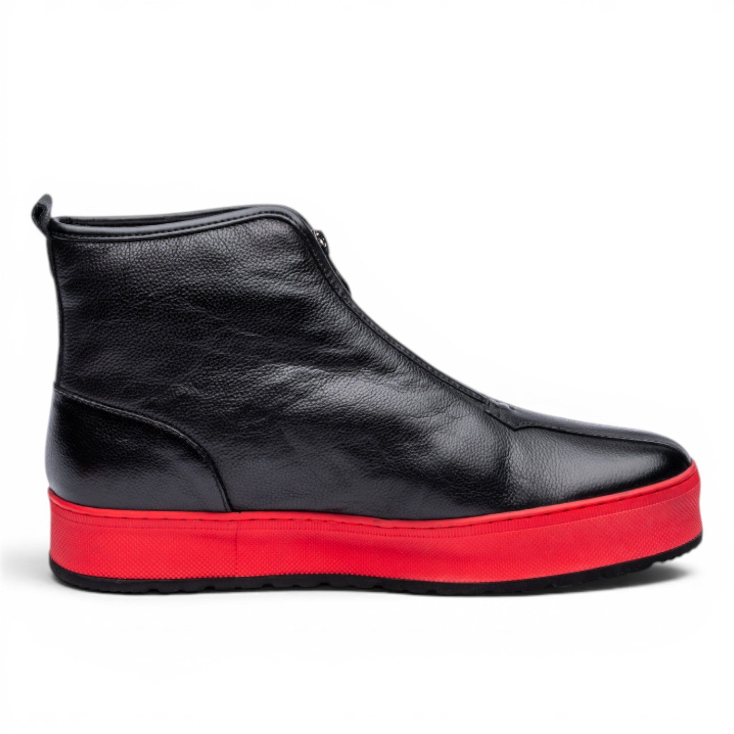 ShoeShop Uncle Paul HELDUR-2 black leather boots with red sole and front zipper, sherpa lined for warmth.