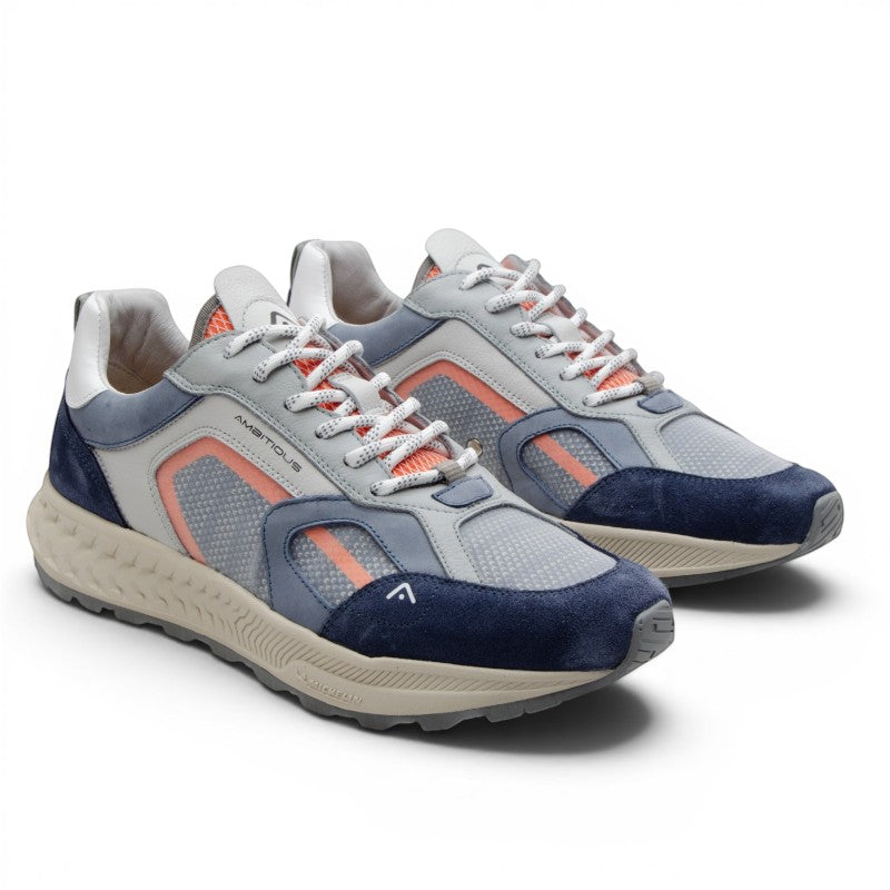 ShoeShop Ambitious Venture sneakers in grey, navy, and coral. Leather and textile upper with Michelin sole.