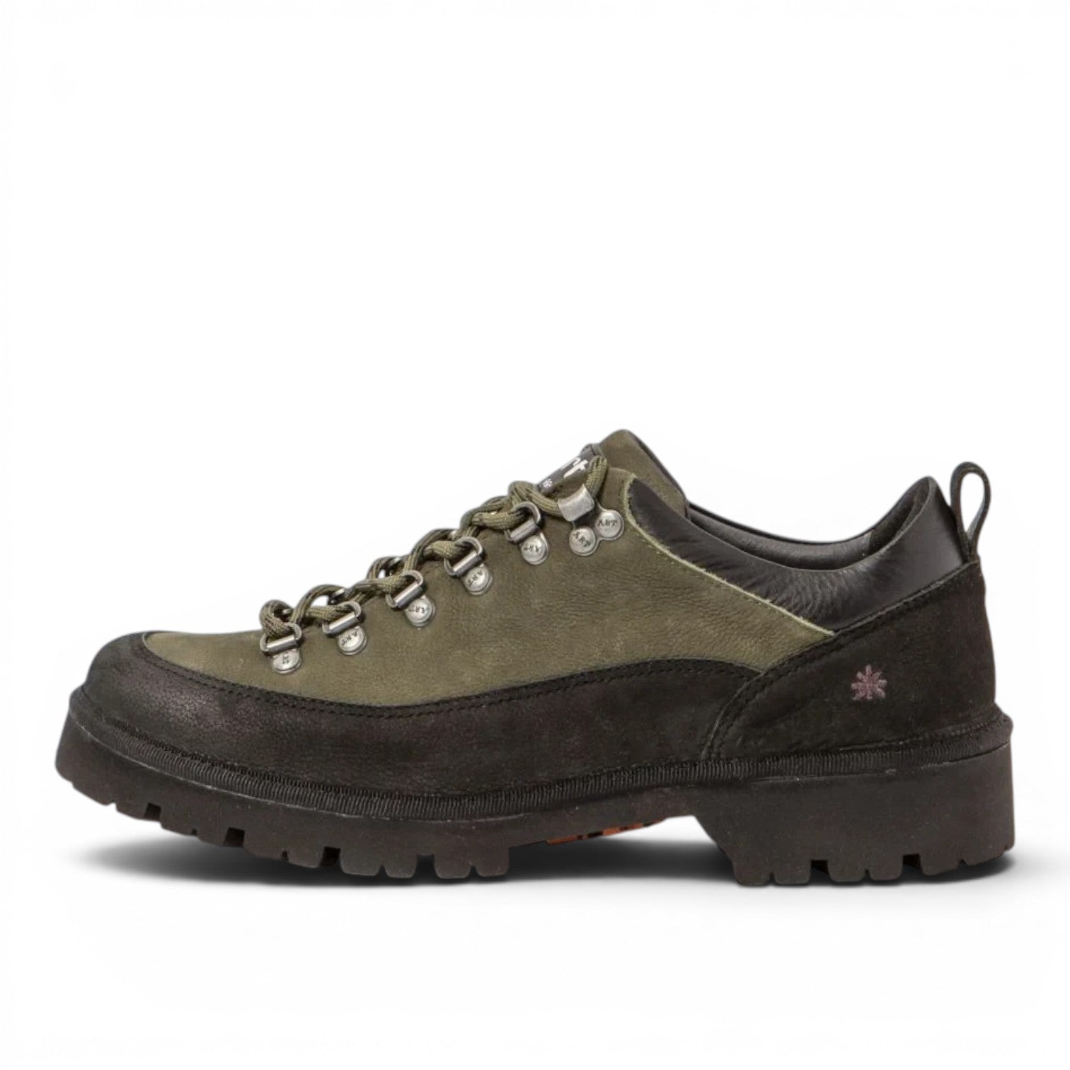 ShoeShop ART 1484 olive green and black suede hiking shoe with lace-up closure and thick sole.