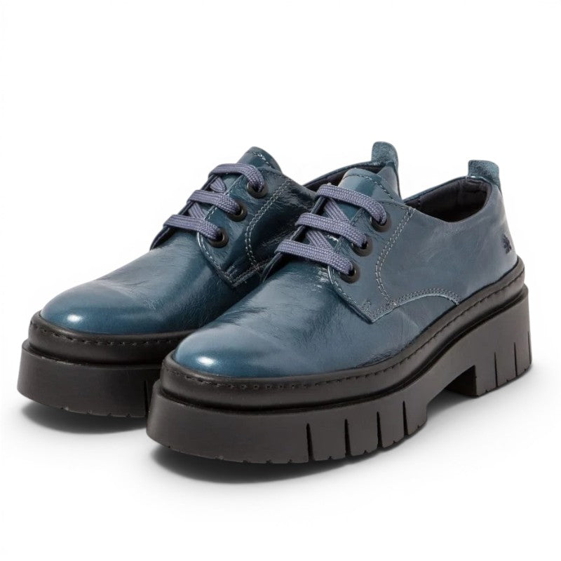 ShoeShop ART 1952 blue patent leather lace-up platform shoes with chunky sole.