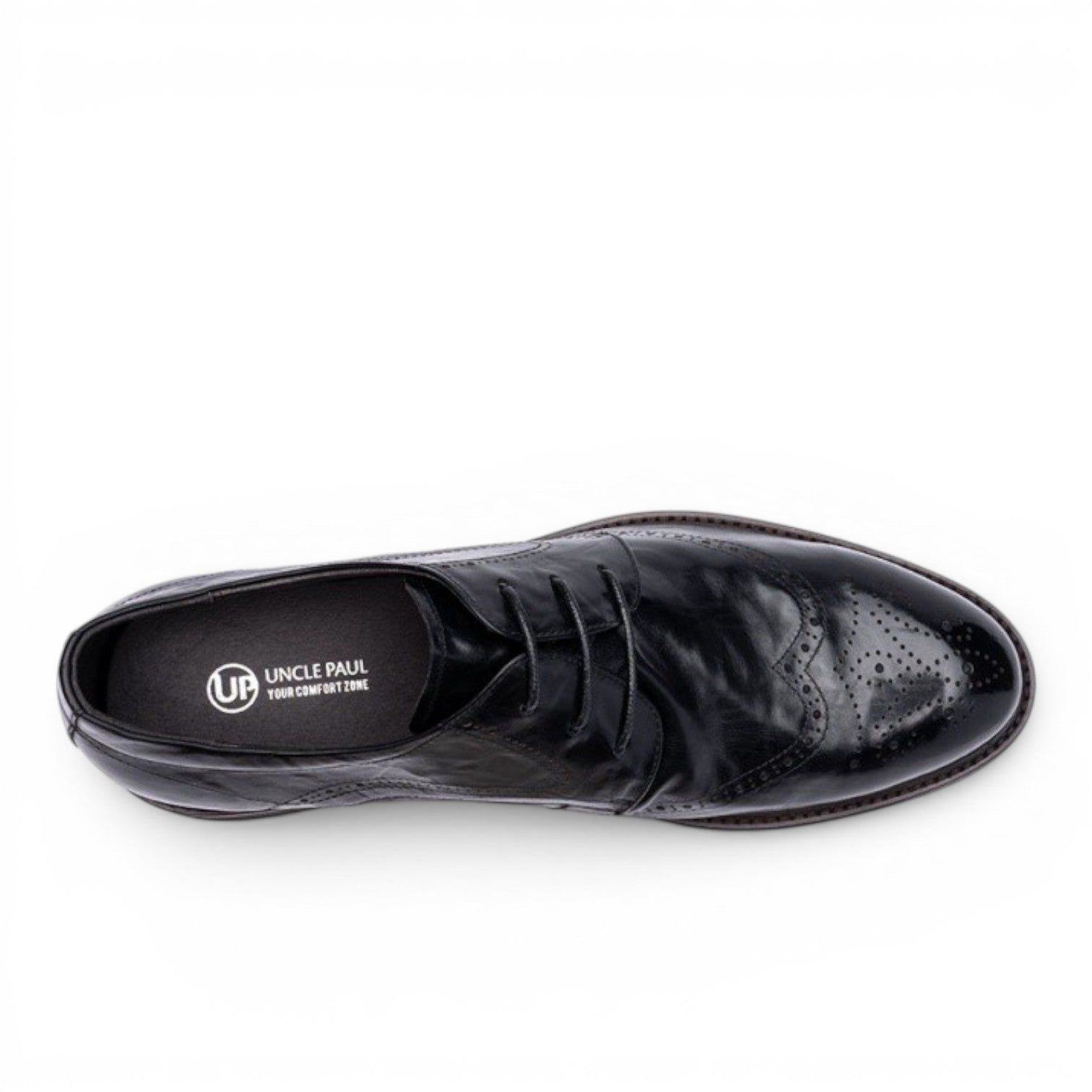 ShoeShop black leather wingtip brogue dress shoes with decorative perforations and lace-up closure.